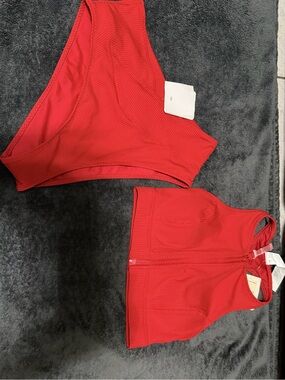 Red Ribbed Zip-Front Bikini Set